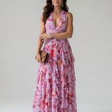 Donnabelle™ | Halter Neck Ruched Bodice Floral Maxi Dress