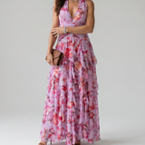 Donnabelle™ | Halter Neck Ruched Bodice Floral Maxi Dress