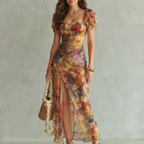 Donnabelle™ | Ruffled Sleeve Ruched Slit Midi Dress