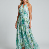 Donnabelle™ | Pleated Halter Soft Floral Pattern Midi Dress