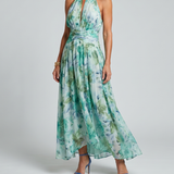 Donnabelle™ | Pleated Halter Soft Floral Pattern Midi Dress