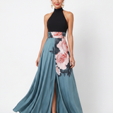 Donnabelle™ | Halter Bodice Floral Skirt Maxi Dress