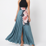 Donnabelle™ | Halter Bodice Floral Skirt Maxi Dress