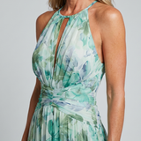 Donnabelle™ | Pleated Halter Soft Floral Pattern Midi Dress