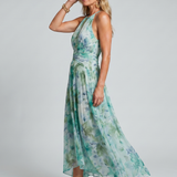 Donnabelle™ | Pleated Halter Soft Floral Pattern Midi Dress