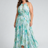 Donnabelle™ | Pleated Halter Soft Floral Pattern Midi Dress