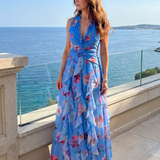 Donnabelle™ | Halter Neck Ruched Bodice Floral Maxi Dress