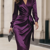 Clara™ | Deep Plum Satin Wrap Midi Dress