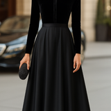 Ava™ | Elegant Black Velvet And Satin Midi Dress