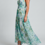 Donnabelle™ | Pleated Halter Soft Floral Pattern Midi Dress