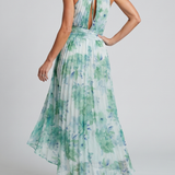 Donnabelle™ | Pleated Halter Soft Floral Pattern Midi Dress