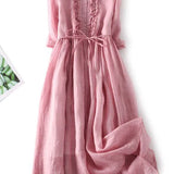 Arya™ | Womens Art Retro Round Neck Lace Up Waist Dress